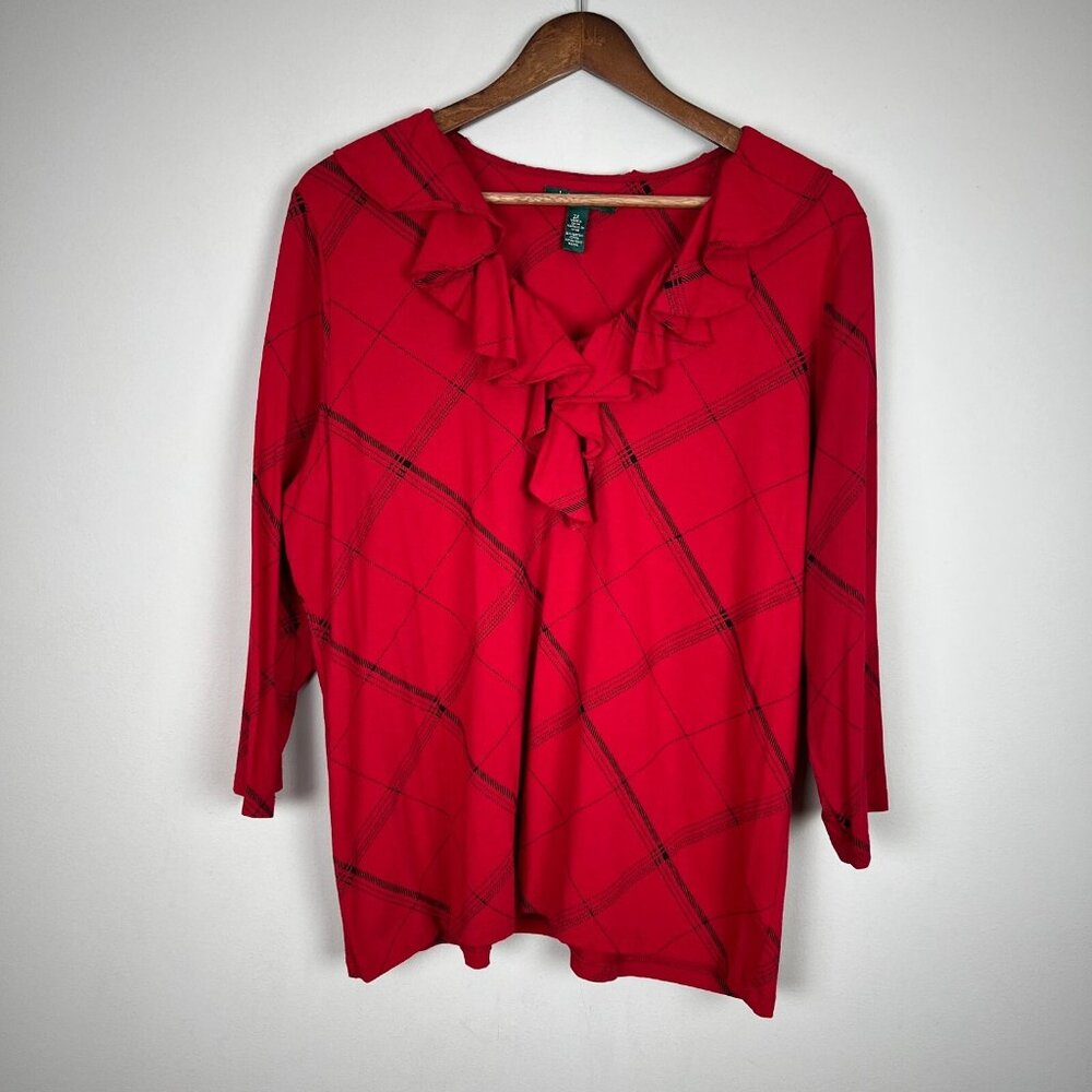 Lauren Ralph Lauren Top Womens 2X Red Ruffle V-Neck 3/4 Sleeve Plaid Blouse Plus